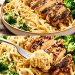 Healthy Chicken Alfredo served with creamy fettuccine, broccoli, and grilled chicken, with a fork twirling a bite