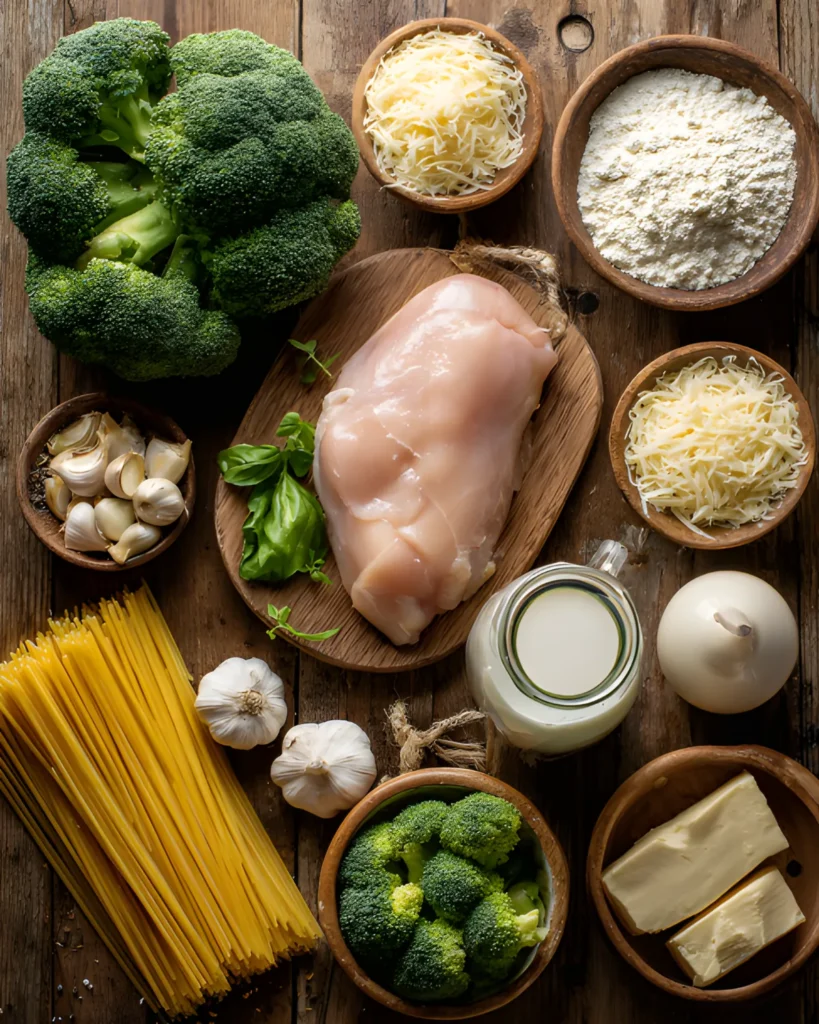 Fresh ingredients for Healthy Chicken Alfredo including chicken breast, broccoli, garlic, cheese, milk, butter, and spaghetti