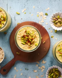 Healthy Indian Oats served in glass jars topped with pistachios and saffron, garnished with rolled oats on a rustic background.