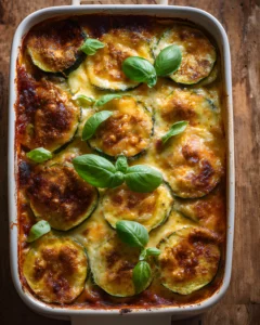 Healthy Meal Prep Zucchini Lasagna baked in a white casserole dish with layers of zucchini slices, melted golden cheese, rich tomato sauce, and fresh basil on top.