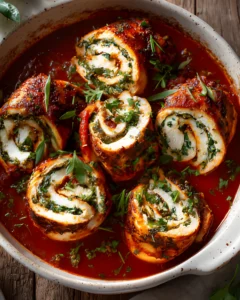 Herbed Ricotta Stuffed Chicken Rolls baked in rich tomato sauce and garnished with fresh herbs