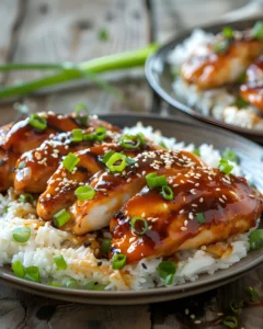 Honey garlic chicken breasts glazed in sauce and garnished with green onions over rice
