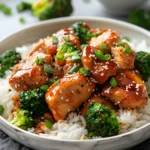 Honey garlic chicken breasts with broccoli and sesame seeds served over white rice in a bowl