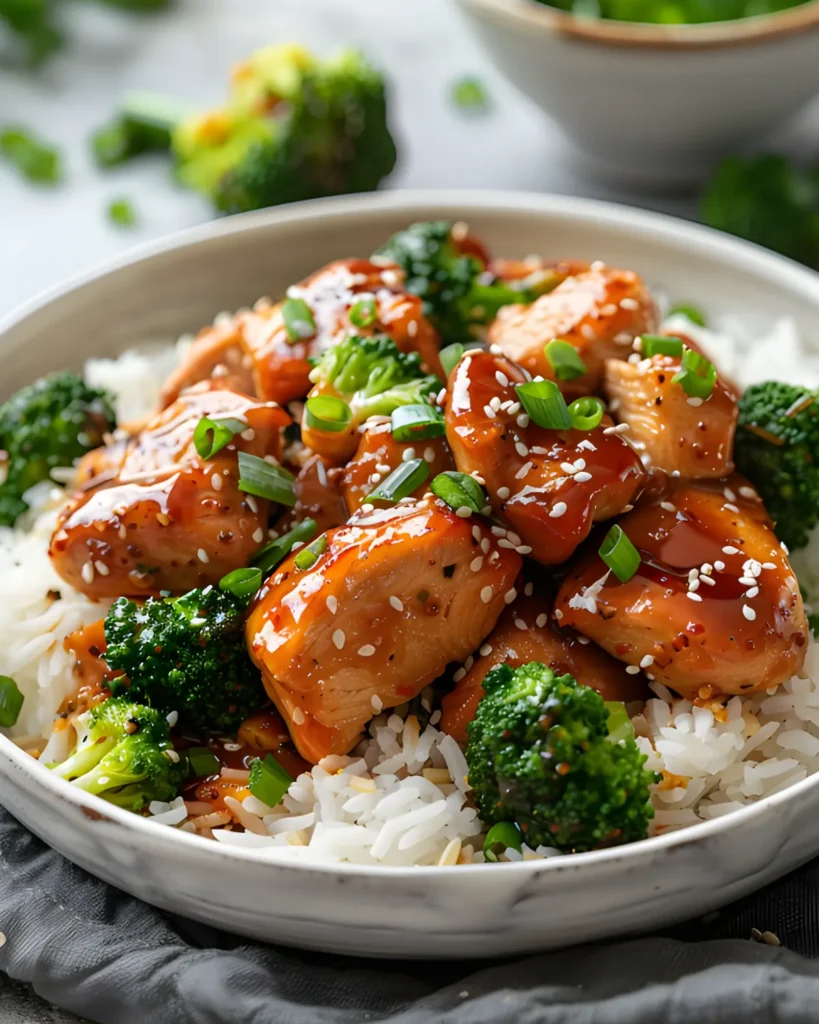 Honey garlic chicken breasts with broccoli and sesame seeds served over white rice in a bowl