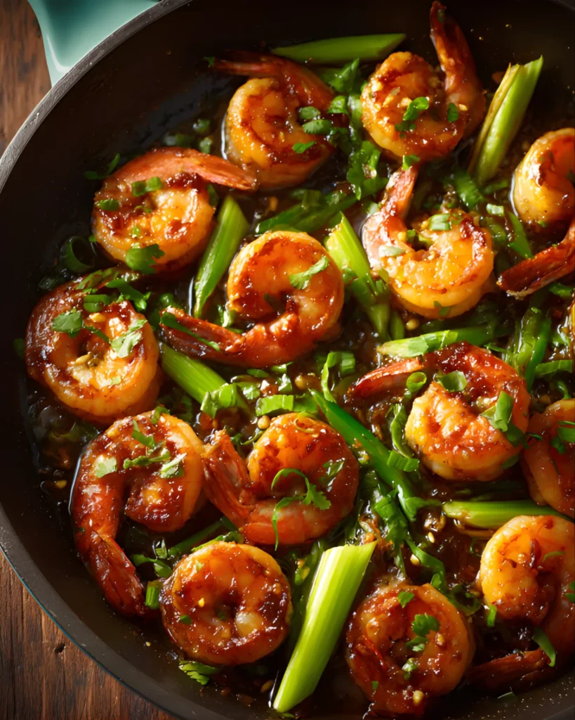 Honey Garlic Shrimp cooked in a skillet with green onions and fresh herbs in glossy sauce