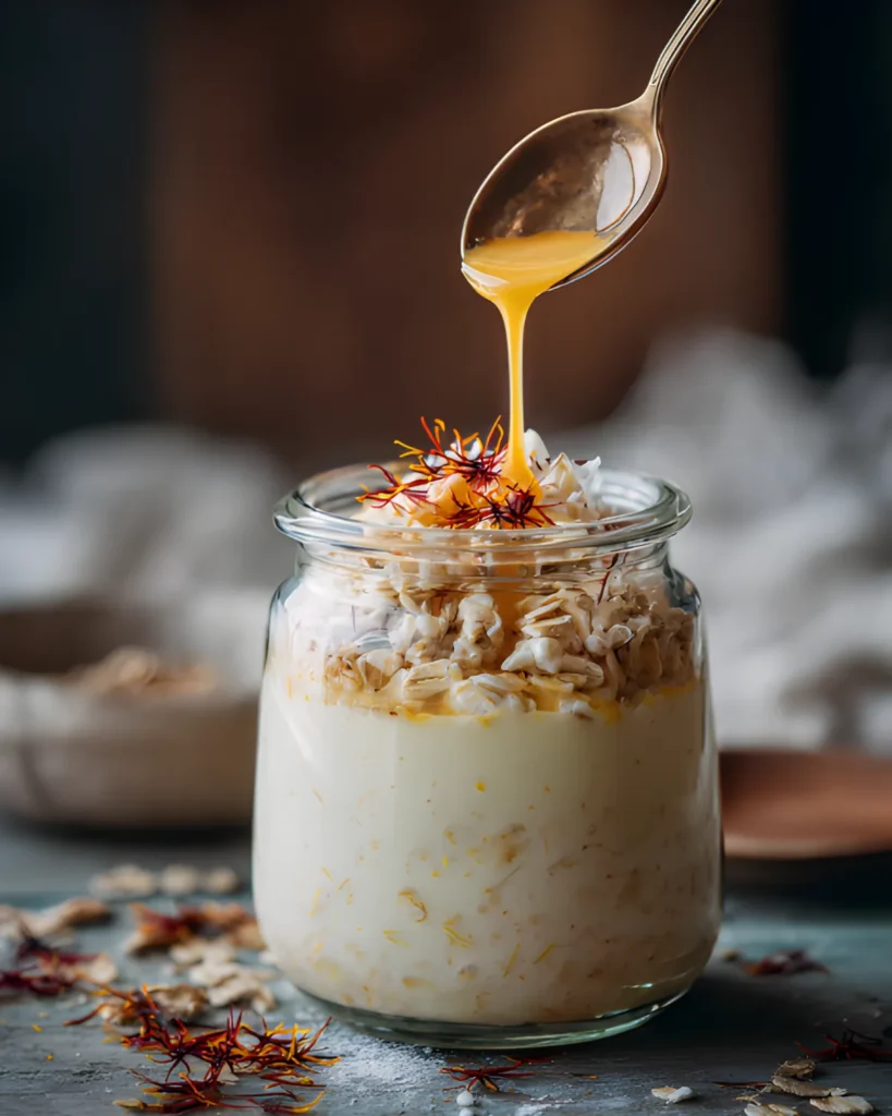 Indian Overnight Oats in a glass jar topped with rolled oats and saffron while honey is being drizzled on top.