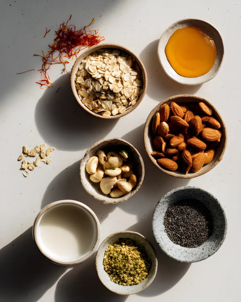 Ingredients for Indian Overnight Oats including rolled oats, almonds, cashews, chia seeds, milk, honey, and saffron arranged in small bowls.