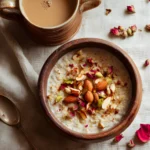Indian Overnight Oats served in a rustic bowl topped with almonds, pistachios, and dried rose petals, with a cup of chai beside it.