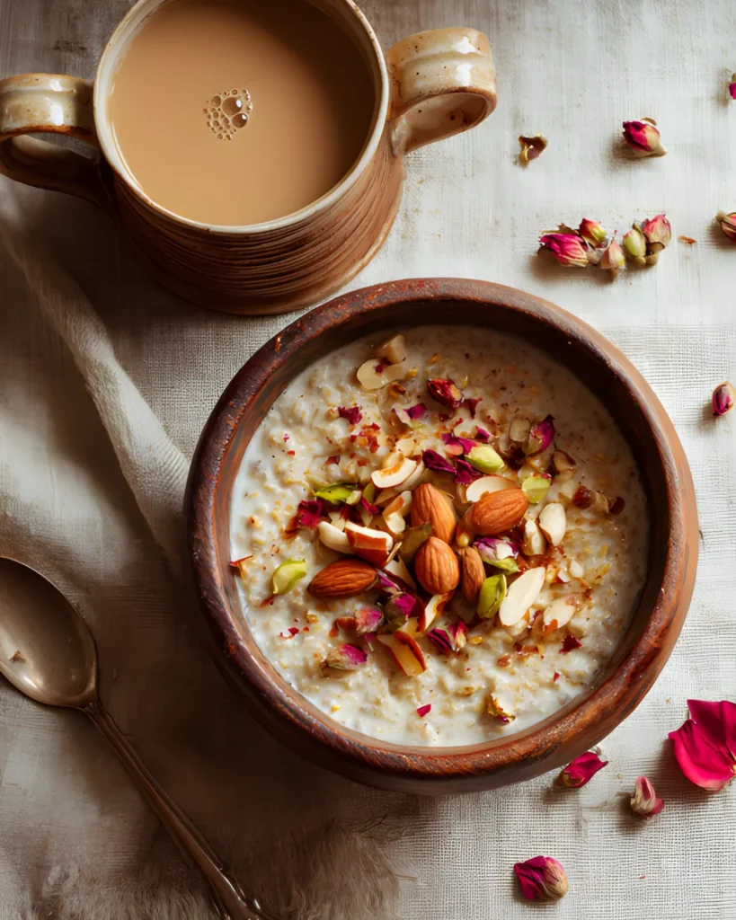 Indian Overnight Oats served in a rustic bowl topped with almonds, pistachios, and dried rose petals, with a cup of chai beside it.