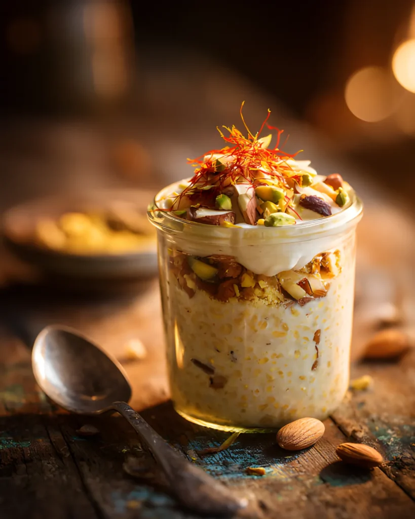 Indian Overnight Oats served in a glass jar topped with almonds, pistachios, and saffron strands on a rustic wooden table.