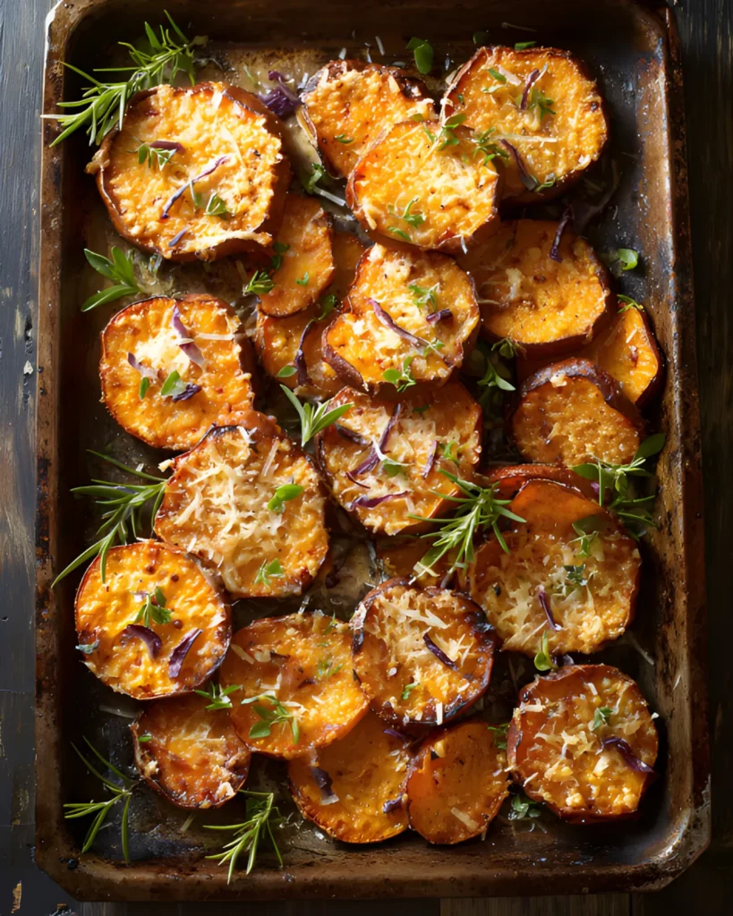 Irresistible roasted sweet potatoes sliced and baked with herbs and parmesan in a rustic baking pan.
