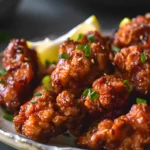 Crispy Japanese Fried Chicken karaage garnished with sesame seeds and chopped green onions, served with lemon wedges.