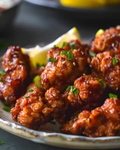 Crispy Japanese Fried Chicken karaage garnished with sesame seeds and chopped green onions, served with lemon wedges.