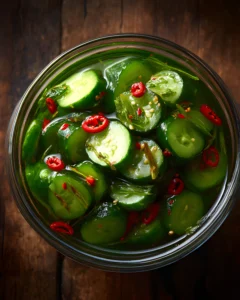 Japanese Pickled Cucumbers in a glass bowl with sliced cucumbers, red chili peppers, and sesame seeds in a flavorful brine