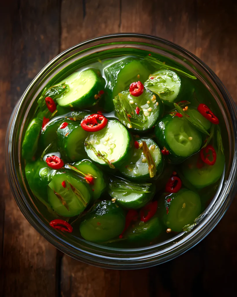 Japanese Pickled Cucumbers in a glass bowl with sliced cucumbers, red chili peppers, and sesame seeds in a flavorful brine