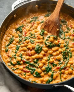 Creamy Marry Me Chickpeas with spinach and sun-dried tomatoes in a skillet