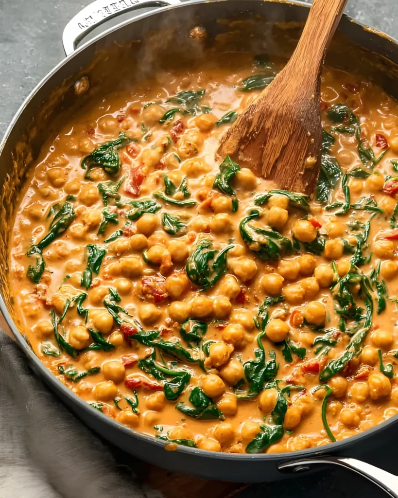 Creamy Marry Me Chickpeas with spinach and sun-dried tomatoes in a skillet