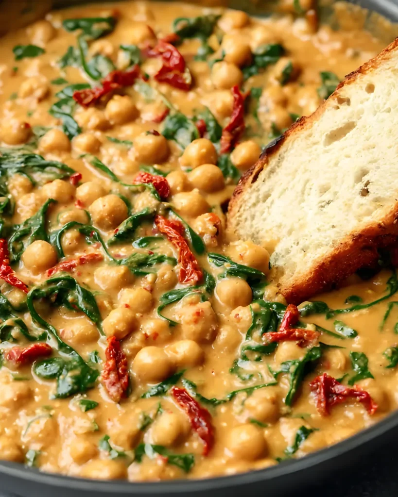 Creamy Marry Me Chickpeas with spinach and sun-dried tomatoes served in a skillet with toasted bread