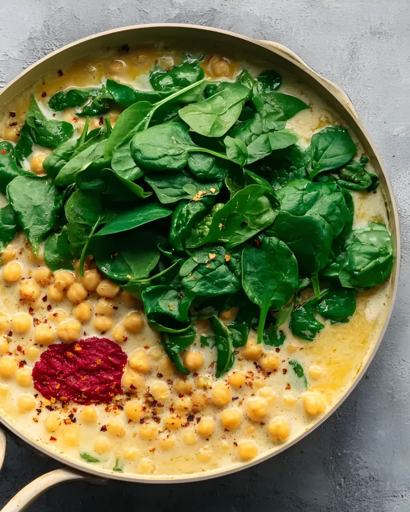 Chickpeas simmering in a creamy sauce with fresh spinach and tomato paste for Marry Me Chic