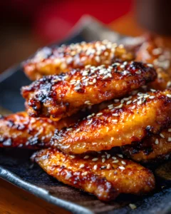Nagoya-Style Fried Chicken Wings glazed with sweet soy sauce and topped with toasted sesame seeds on a black plate