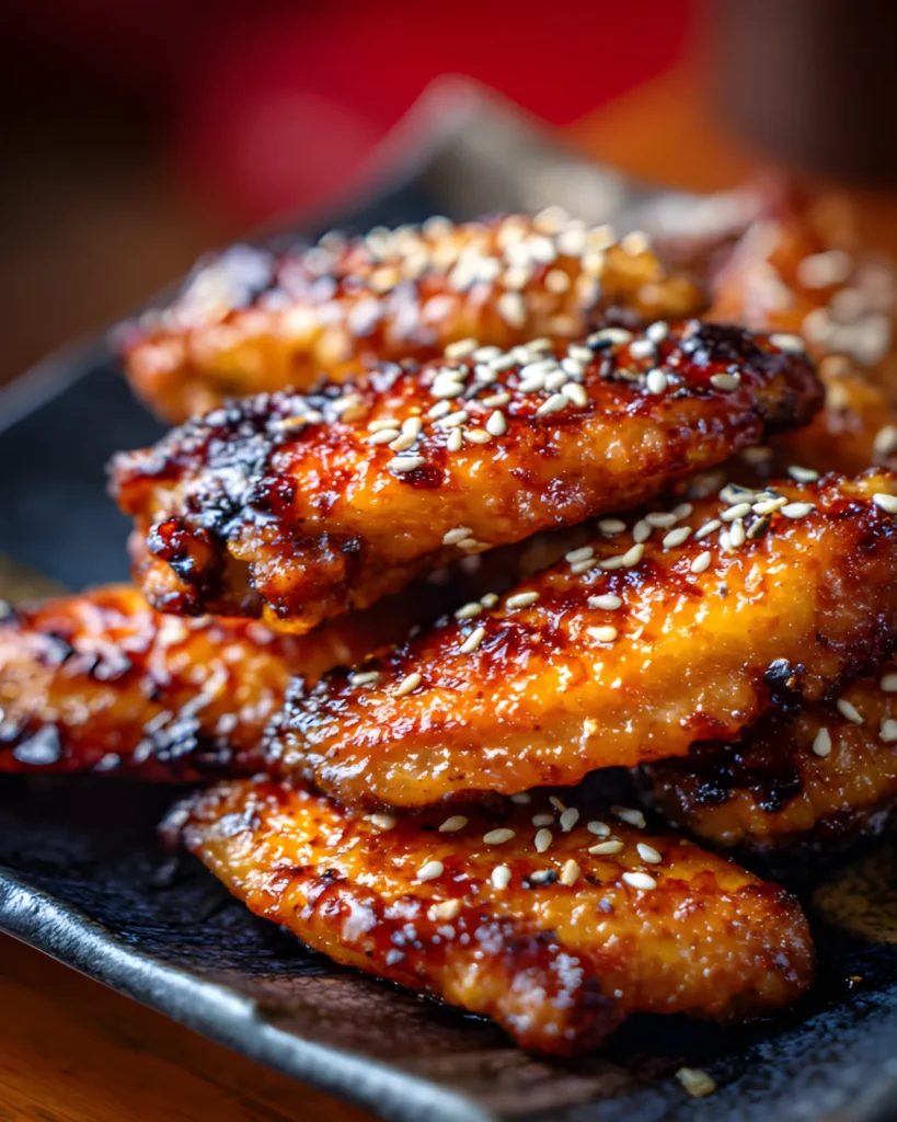 Nagoya-Style Fried Chicken Wings glazed with sweet soy sauce and topped with toasted sesame seeds on a black plate