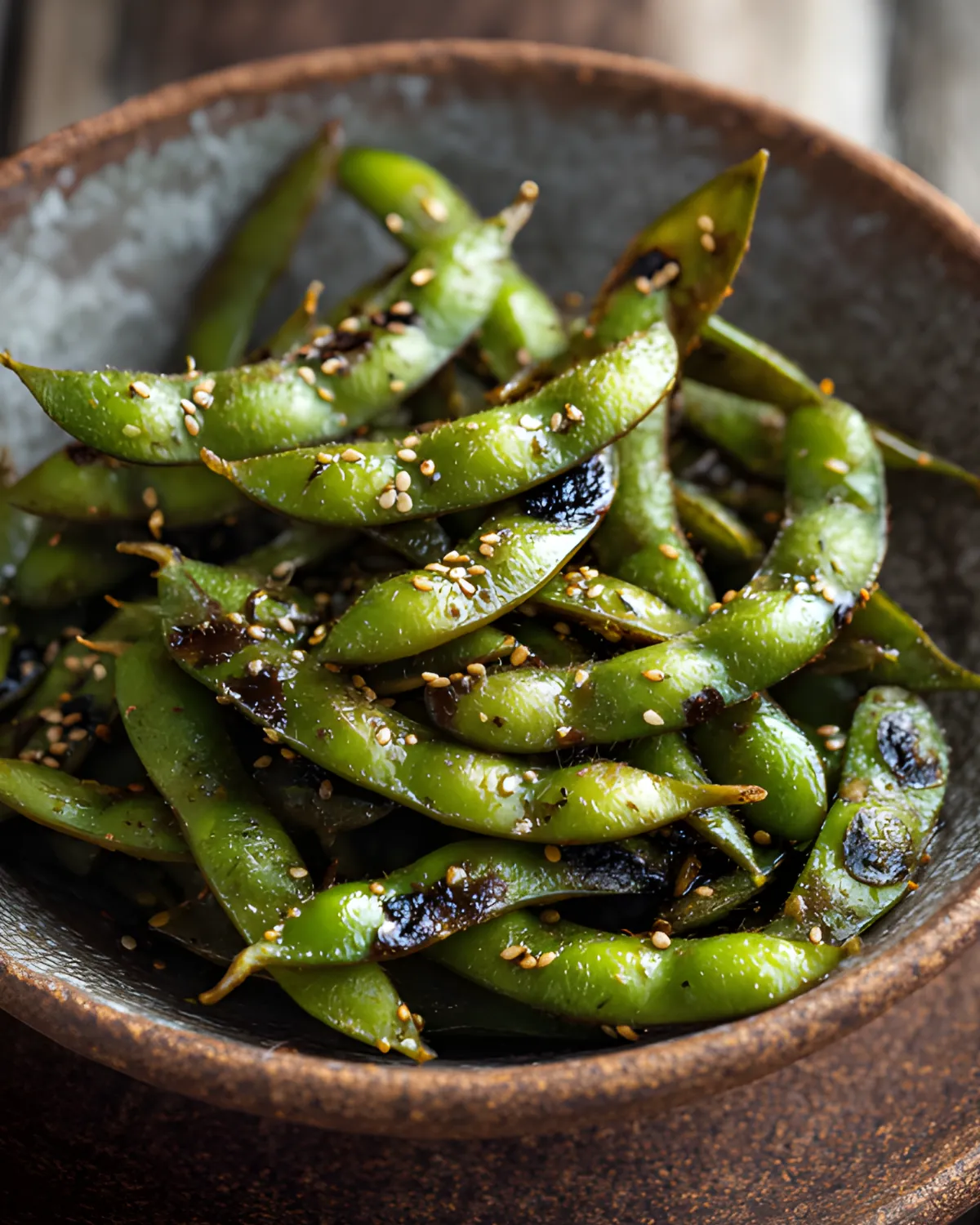 Pan-Fried Edamame in a ceramic bowl topped with toasted sesame seeds and lightly charred pods