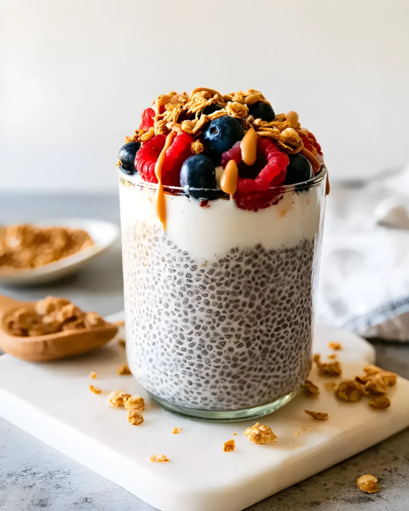 Protein chia pudding topped with yogurt, fresh berries, granola, and peanut butter drizzle in a glass cup