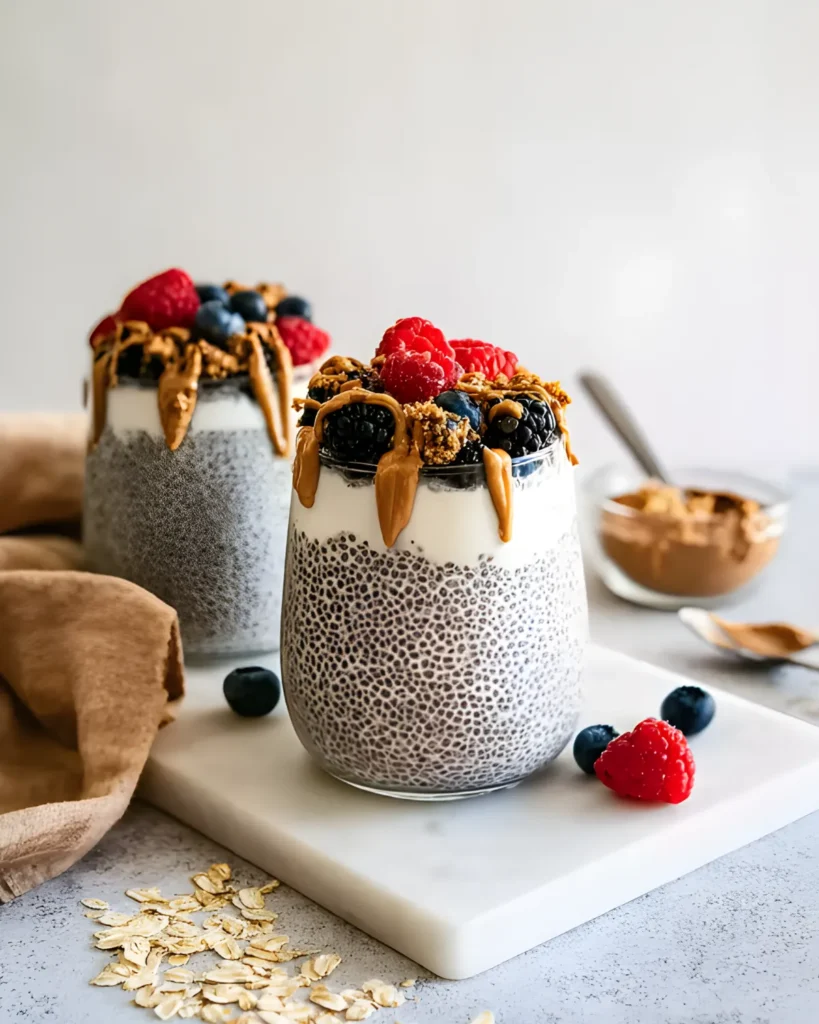 Two jars of protein chia pudding topped with yogurt, fresh berries, and drizzled peanut butter on a marble board