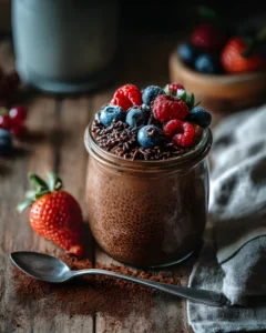 Protein Chocolate Chia Pudding in a glass jar topped with fresh berries and chocolate shavings