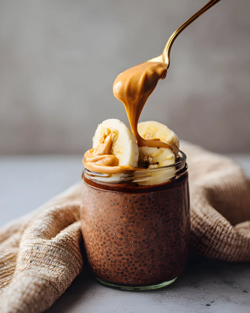 Protein Chocolate Chia Pudding in a jar topped with banana slices and drizzled peanut butter