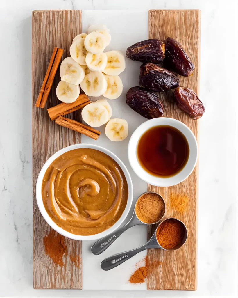 Pumpkin Pie Smoothie Bowl ingredients including banana, dates, maple syrup, cinnamon, and nut butter