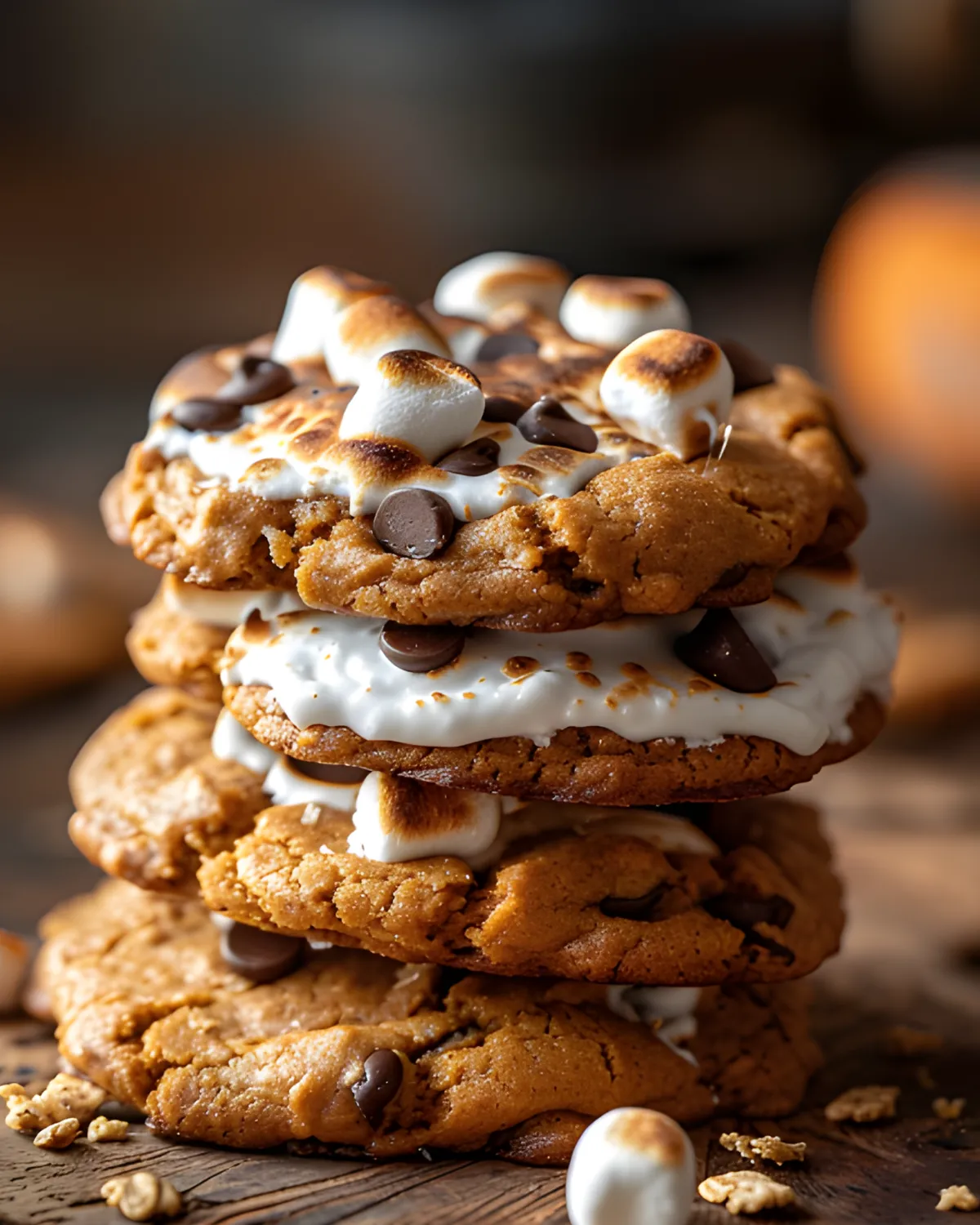 Stack of Pumpkin Smores Cookies topped with toasted marshmallows and chocolate chips on a wooden board