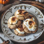 Pumpkin Smores Cookies topped with toasted marshmallows served on a decorative plate with pumpkins and cinnamon sticks