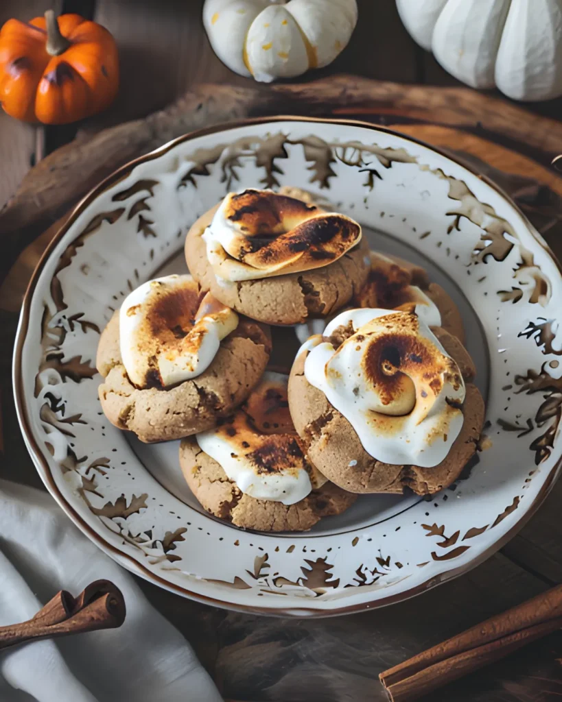 Pumpkin Smores Cookies topped with toasted marshmallows served on a decorative plate with pumpkins and cinnamon sticks