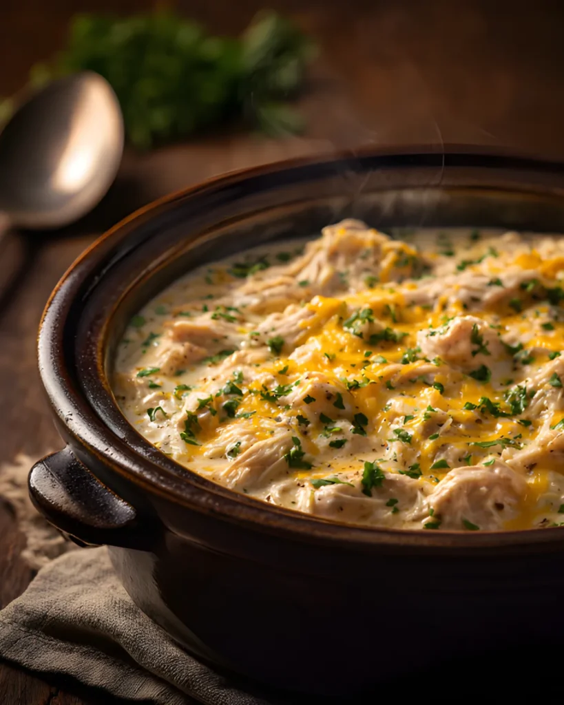 Creamy Ranch Chicken Crock Pot recipe served in a rustic bowl with shredded chicken, melted cheese, and fresh herbs