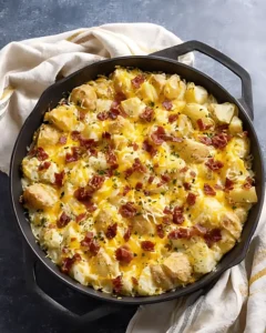 Cheesy baked ranch potatoes topped with crispy bacon in a cast iron skillet