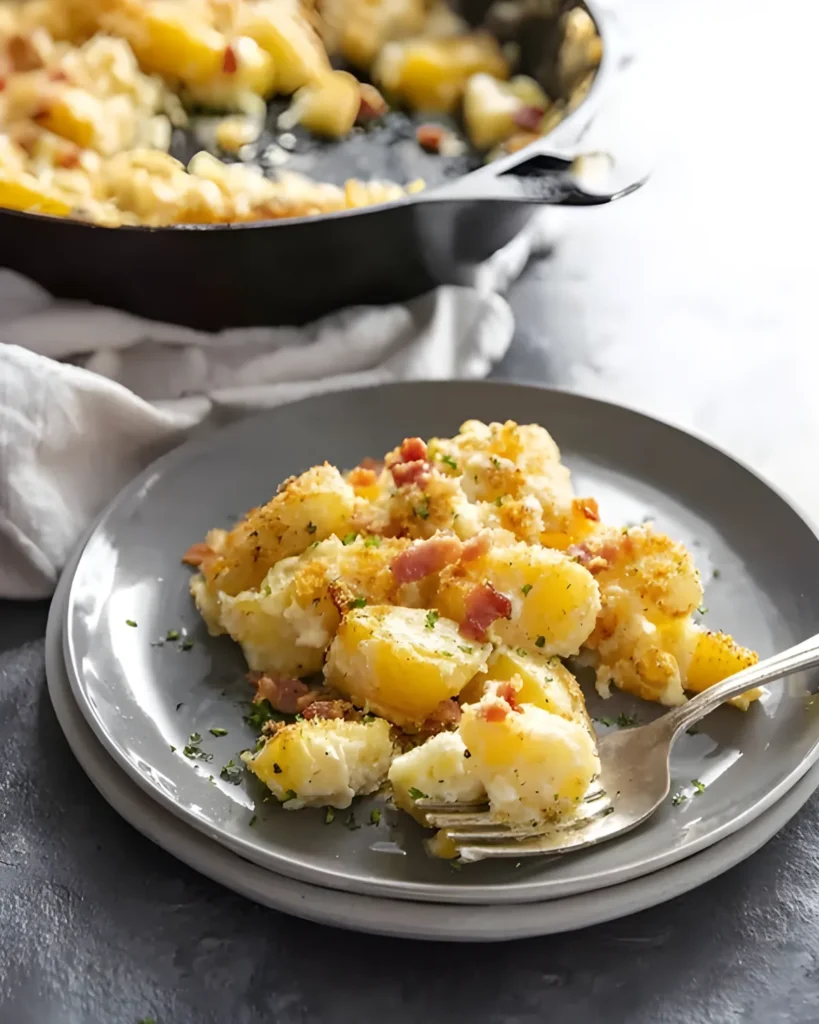 Creamy ranch potatoes with bacon and herbs served on a grey plate with a fork