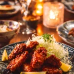 Saizeriya Karami Chicken served on a plate with shredded cabbage and lemon wedges in a warm restaurant setting.