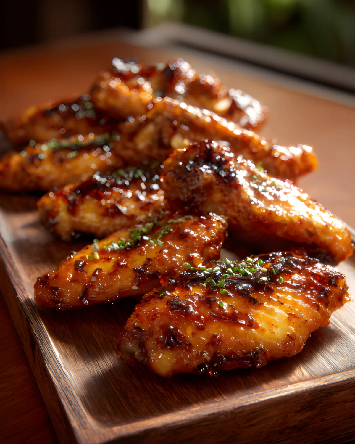 Saizeriya Karami Chicken served on a wooden tray featuring glossy spicy glazed chicken wings garnished with herbs.