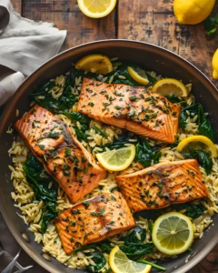 Salmon with Lemon Orzo cooked in a skillet with fresh spinach and lemon slices, topped with herbs.