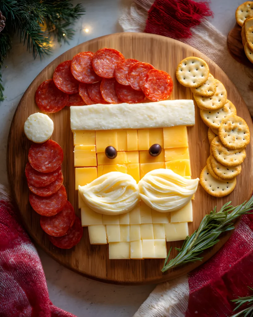 Santa Cheese Board arranged with sliced cheeses, pepperoni, crackers, and rosemary to create a festive Santa face design.