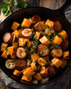 Sausage and Sweet Potatoes cooked in a cast iron skillet with caramelized onions and fresh parsley