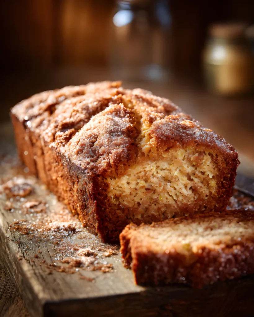 Snickerdoodle Zucchini Bread loaf sliced on a wooden board with a cinnamon sugar crust and moist tender crumb.