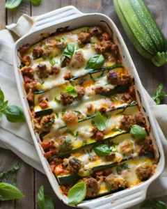 Stuffed Zucchini Boats baked with sausage, tomato sauce, melted cheese, and fresh basil in a casserole dish.