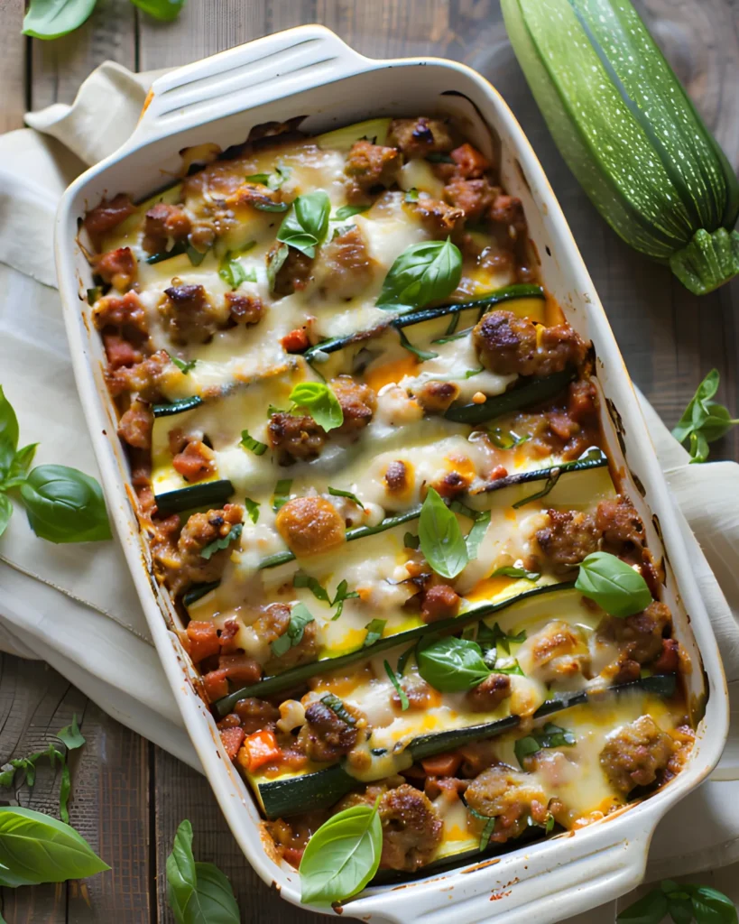 Stuffed Zucchini Boats baked with sausage, tomato sauce, melted cheese, and fresh basil in a casserole dish.
