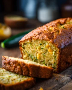 Sugary zucchini bread loaf sliced on wooden table