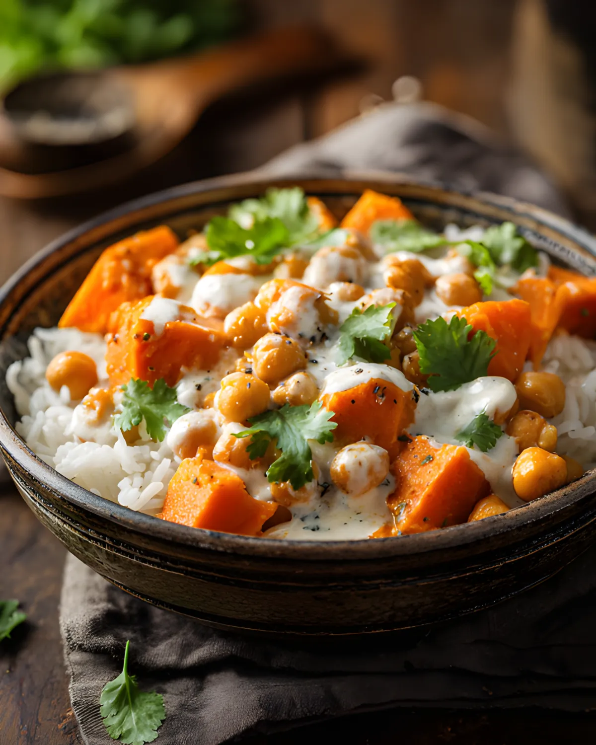 Sweet Potato and Chickpea Curry served over rice with cilantro and creamy sauce