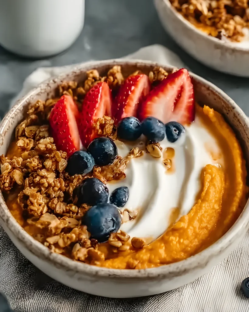 Sweet Potato Breakfast Bowl with yogurt, granola, strawberries, and blueberries in a ceramic bowl