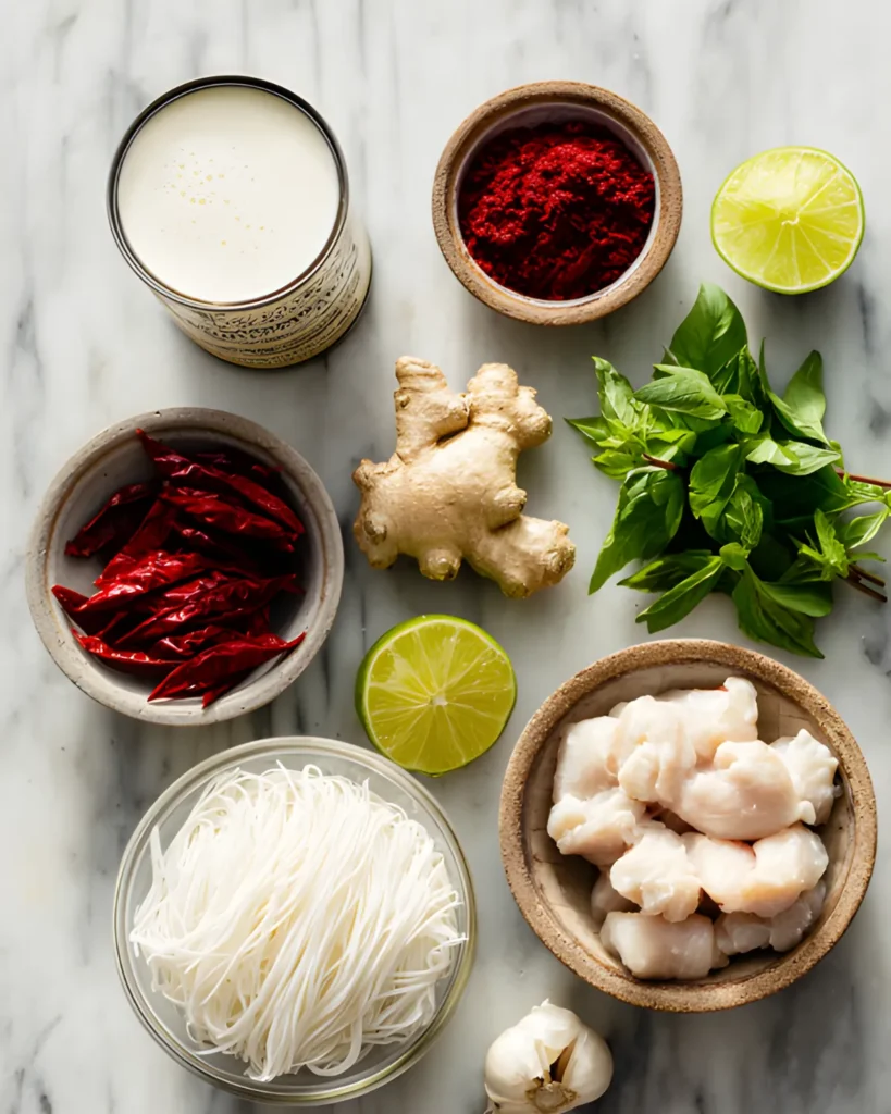 Thai Red Curry Noodle Soup ingredients including coconut milk, rice noodles, raw chicken, red curry paste, dried chilies, ginger, garlic, lime, and fresh basil.