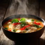Steaming bowl of Thai Red Curry Noodle Soup with rice noodles, chicken, red peppers, and fresh basil in a creamy coconut curry broth.